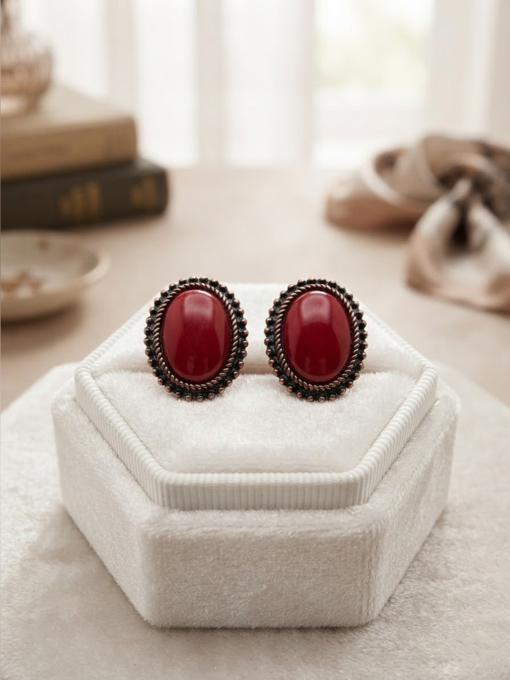 Vintage Red Cabochon Stud Earrings | Oval Red Stone Dark Bronze Ornate Studs